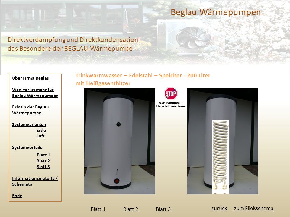 Beglau Wärmepumpen Direktverdampfung und Direktkondensation das Besondere der BEGLAU-Wärmepumpe. Trinkwarmwasser – Edelstahl – Speicher Liter.