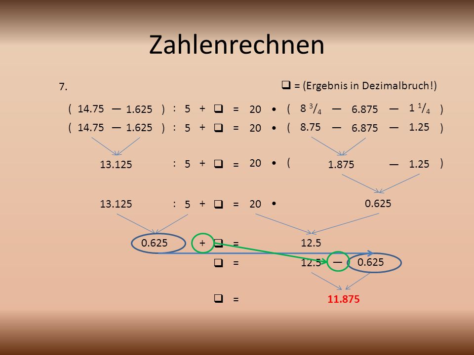 Zahlenrechnen 7.  = (Ergebnis in Dezimalbruch!) ( — ) : 5