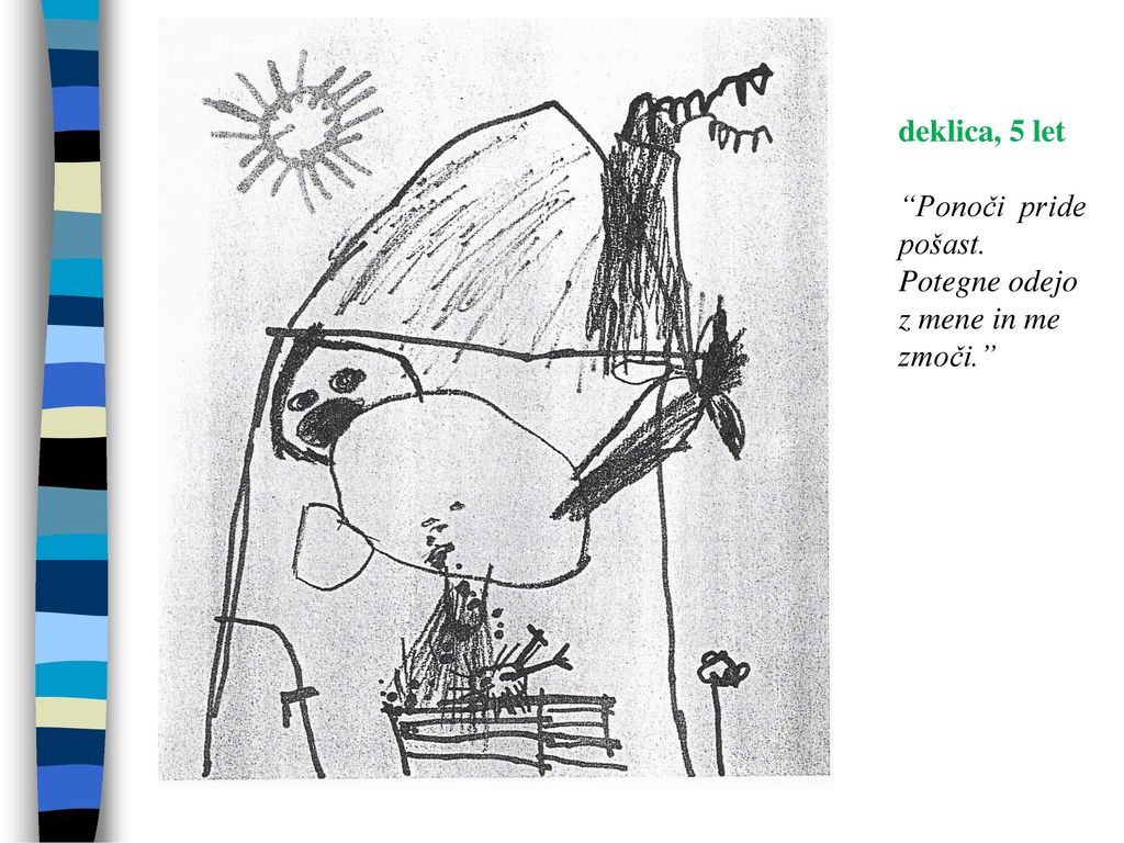 deklica, 5 let Ponoči pride pošast. Potegne odejo z mene in me zmoči.