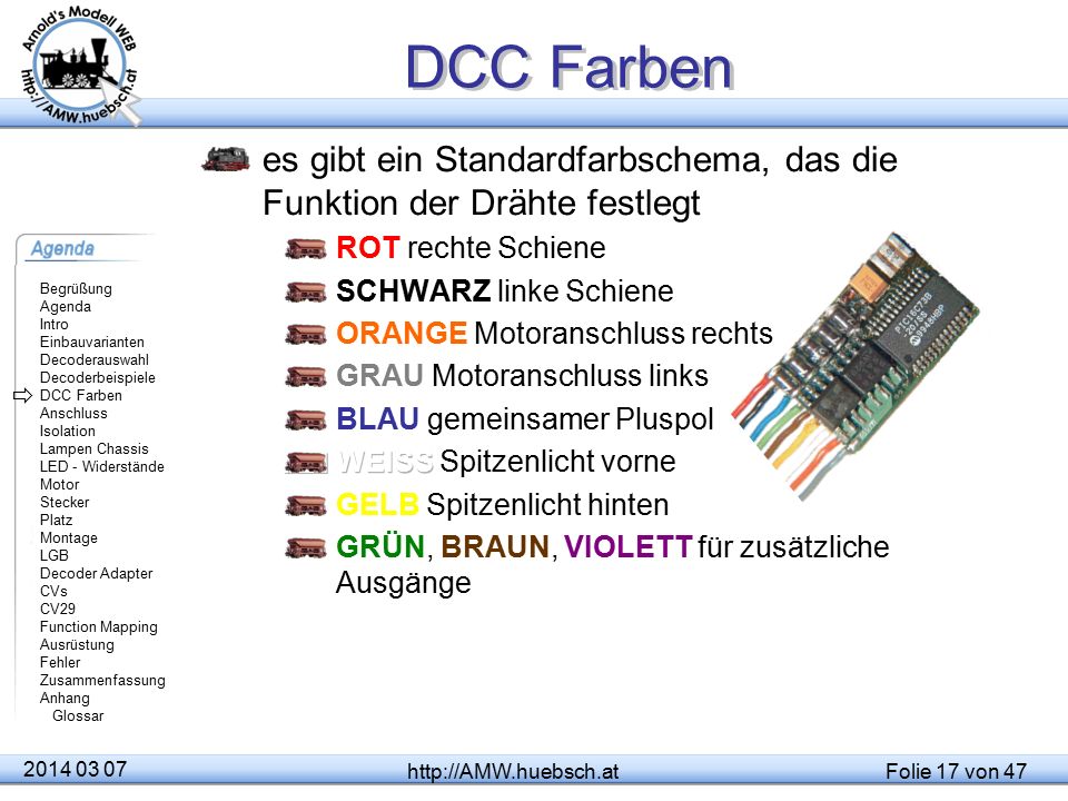 DCC Farben es gibt ein Standardfarbschema, das die Funktion der Drähte festlegt. ROT rechte Schiene.