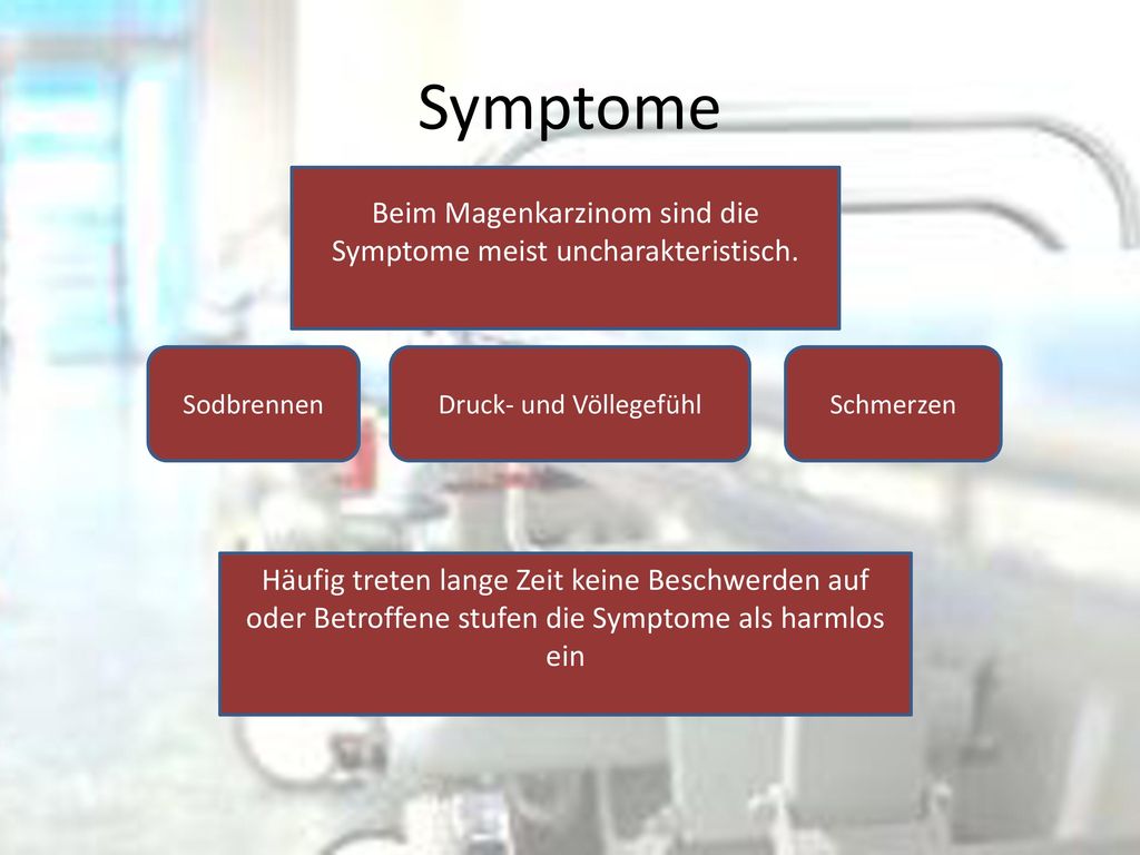 Symptome Beim Magenkarzinom sind die Symptome meist uncharakteristisch. Sodbrennen. Druck- und Völlegefühl.