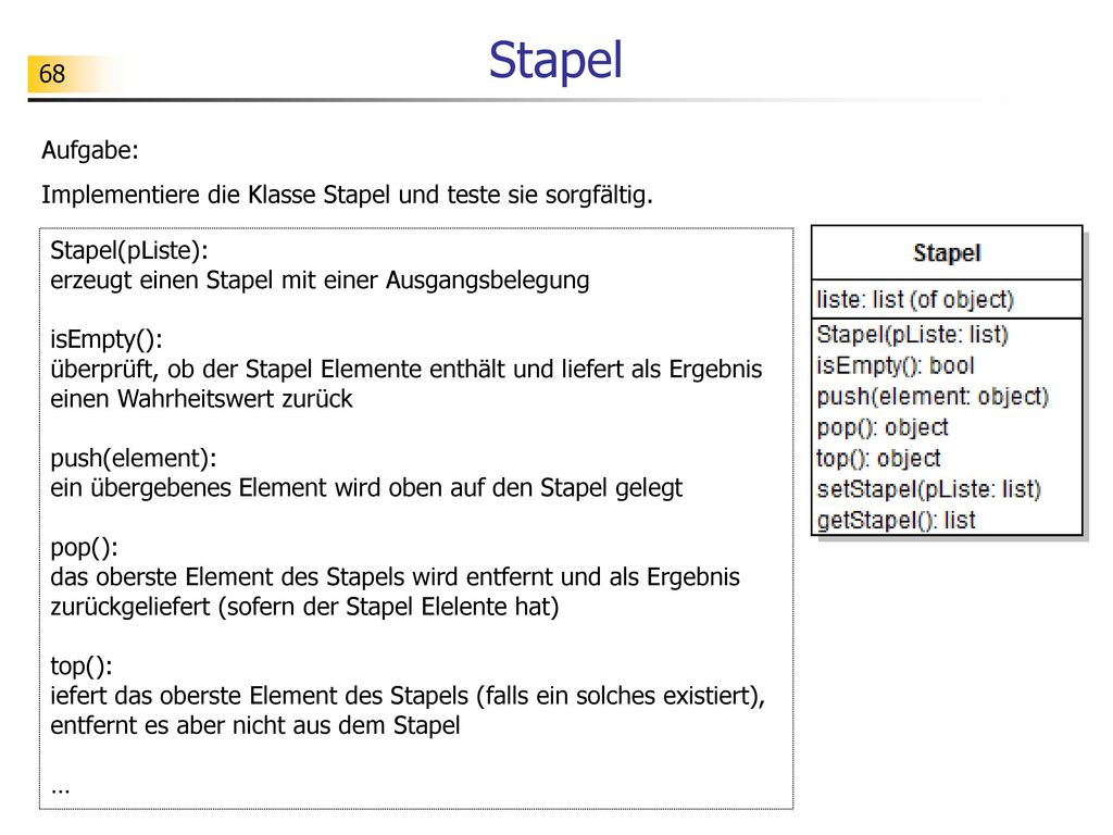 Stapel Aufgabe: Implementiere die Klasse Stapel und teste sie sorgfältig. Stapel(pListe): erzeugt einen Stapel mit einer Ausgangsbelegung.