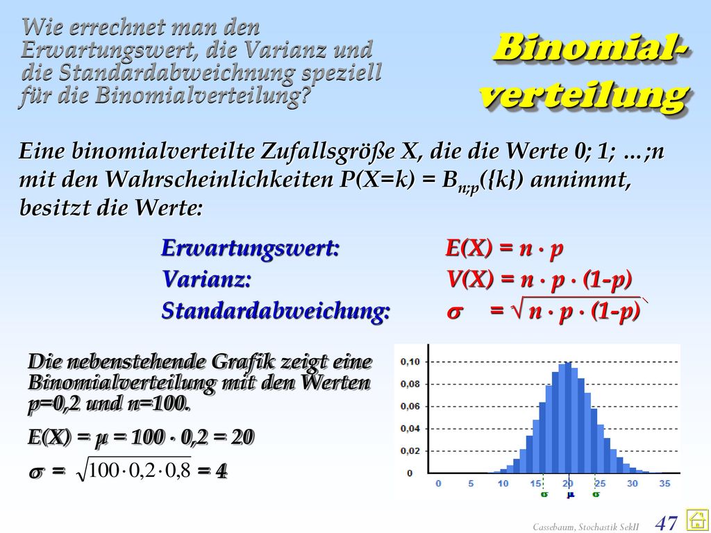 Wie errechnet man den Erwartungswert, die Varianz und die Standardabweichnung speziell für die Binomialverteilung