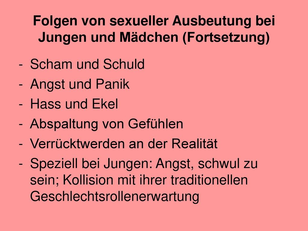 Folgen von sexueller Ausbeutung bei Jungen und Mädchen (Fortsetzung)