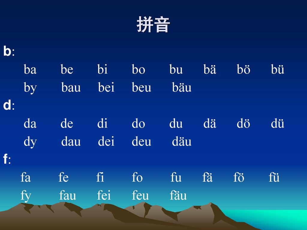 拼音 b: ba be bi bo bu bä bö bü by bau bei beu bäu d: