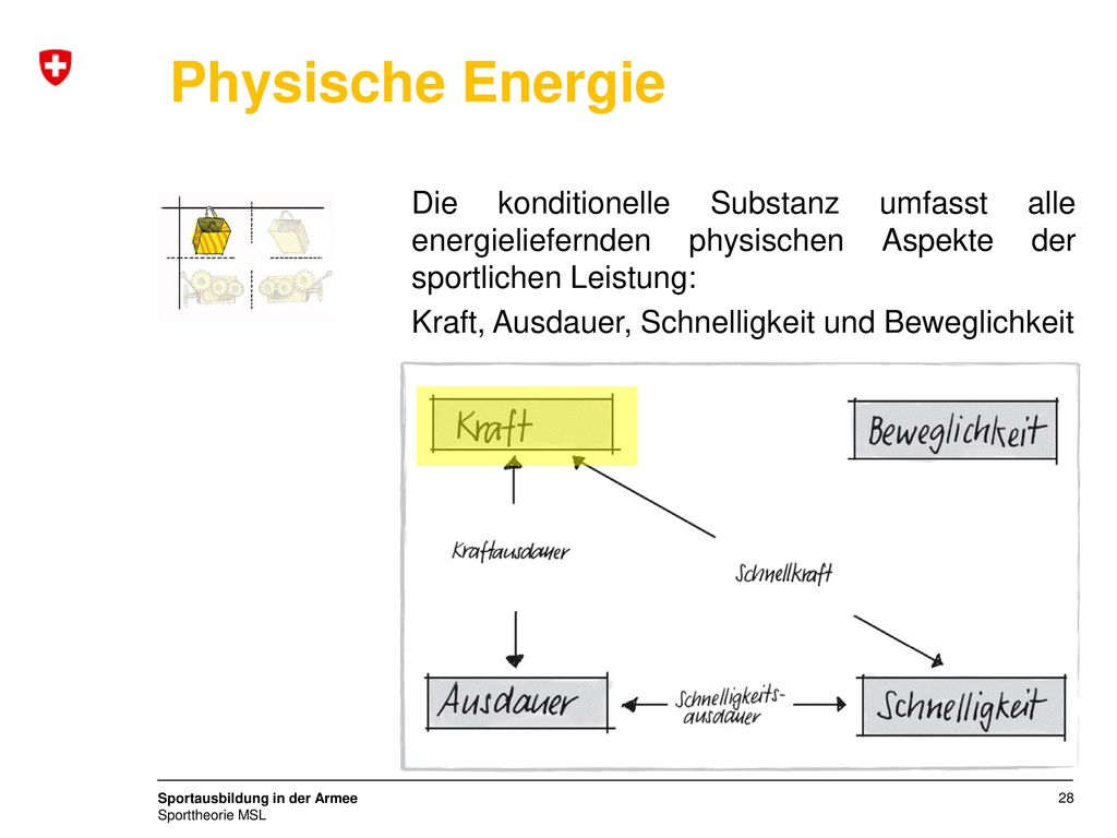 Physische Energie Die konditionelle Substanz umfasst alle energieliefernden physischen Aspekte der sportlichen Leistung: