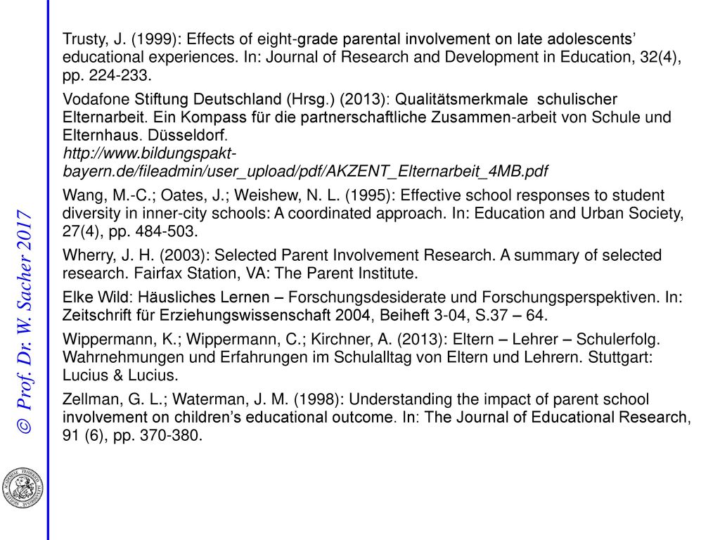 Trusty, J. (1999): Effects of eight-grade parental involvement on late adolescents’ educational experiences. In: Journal of Research and Development in Education, 32(4), pp