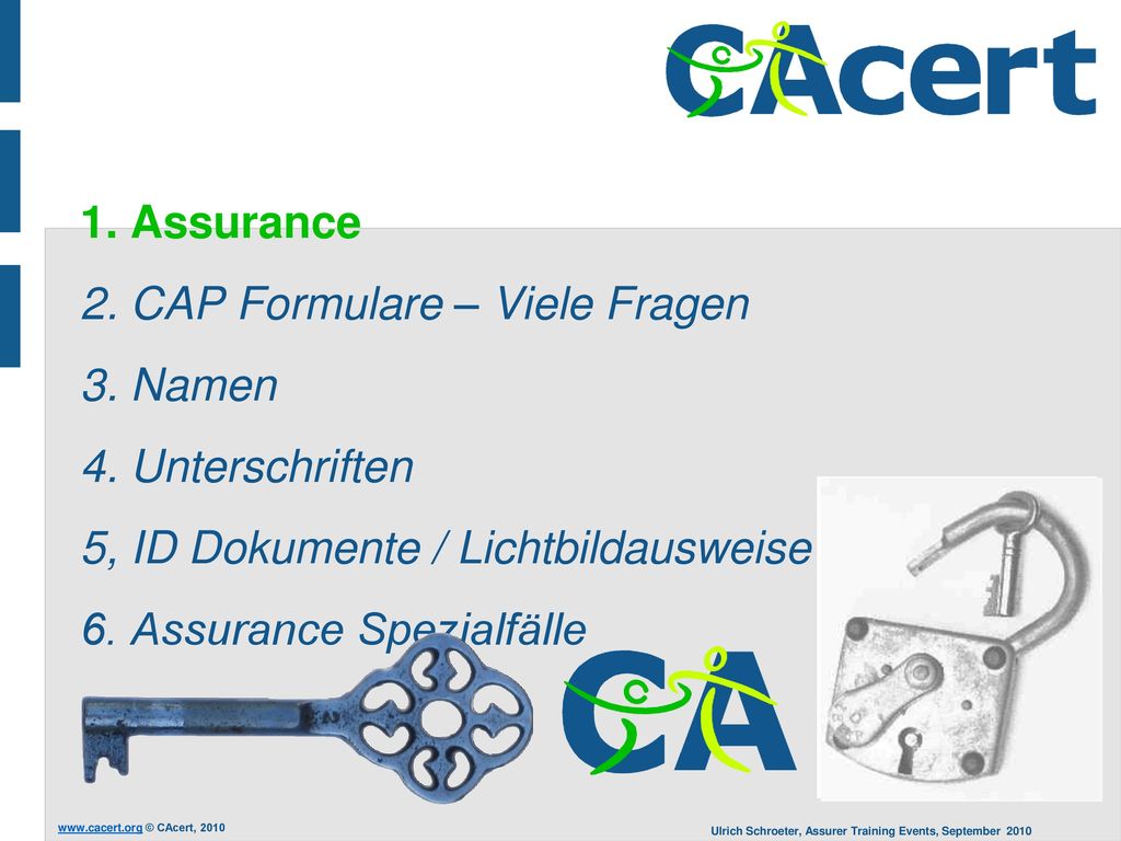 1. Assurance 2. CAP Formulare – Viele Fragen 3. Namen 4