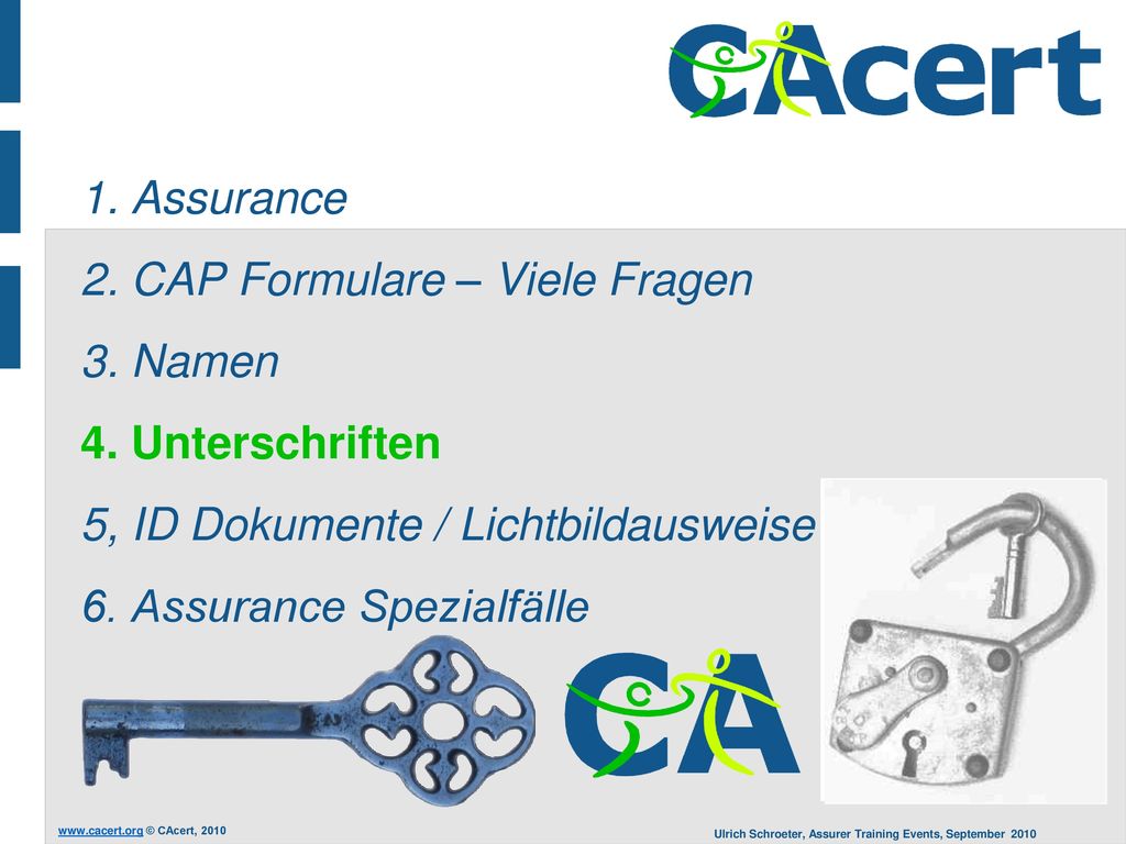 1. Assurance 2. CAP Formulare – Viele Fragen 3. Namen 4