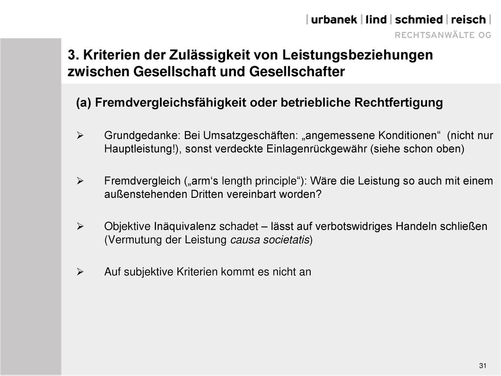 3. Kriterien der Zulässigkeit von Leistungsbeziehungen zwischen Gesellschaft und Gesellschafter