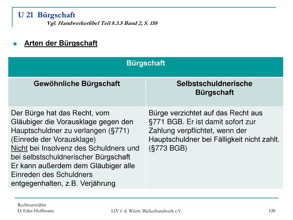 U 21 Bürgschaft Vgl. Handwerkerfibel Teil Band 2, S. 158