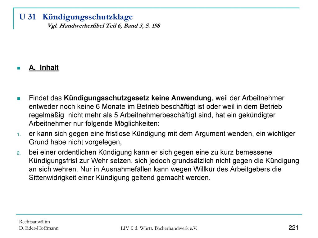 U 31 Kündigungsschutzklage Vgl. Handwerkerfibel Teil 6, Band 3, S. 198