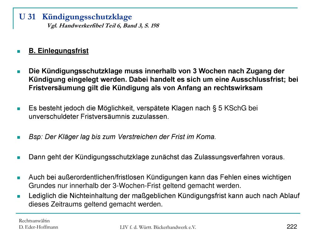 U 31 Kündigungsschutzklage Vgl. Handwerkerfibel Teil 6, Band 3, S. 198