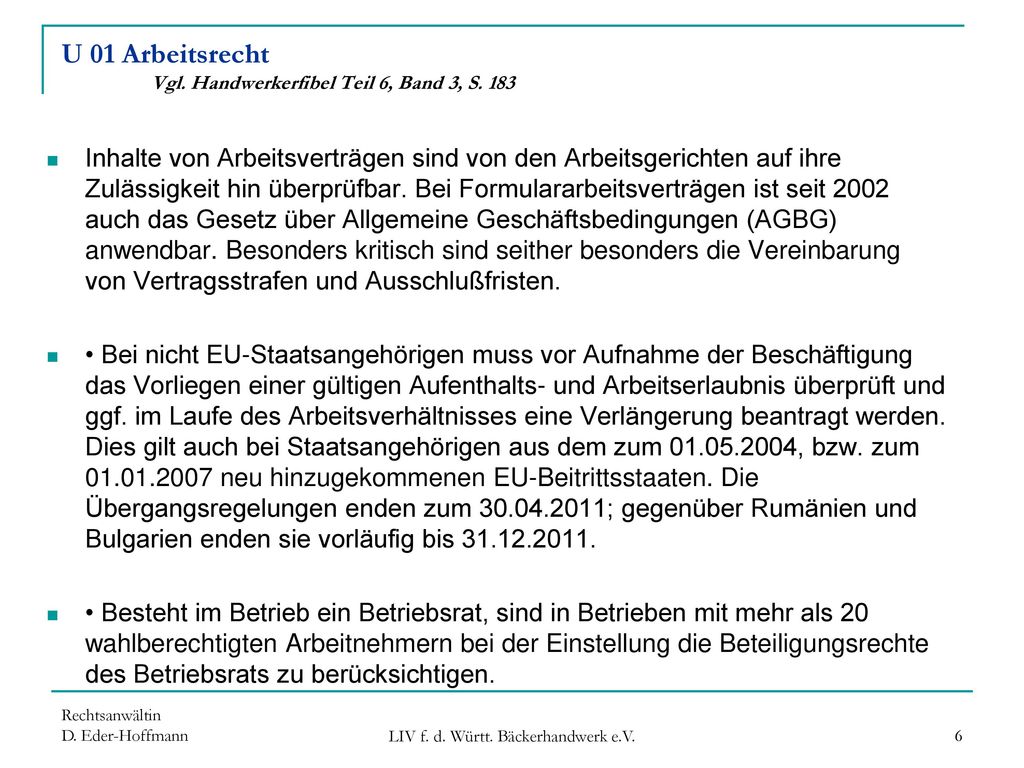 U 01 Arbeitsrecht Vgl. Handwerkerfibel Teil 6, Band 3, S. 183