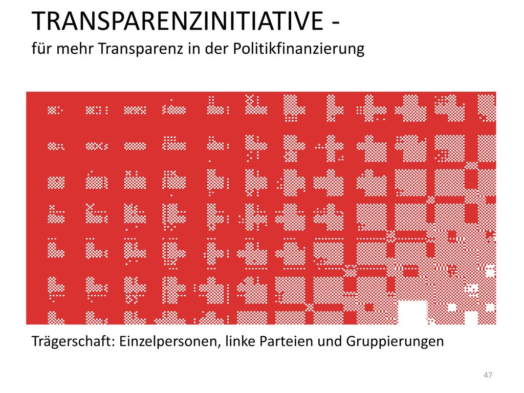 TRANSPARENZINITIATIVE - für mehr Transparenz in der Politikfinanzierung Trägerschaft: Einzelpersonen, linke Parteien und Gruppierungen ‚