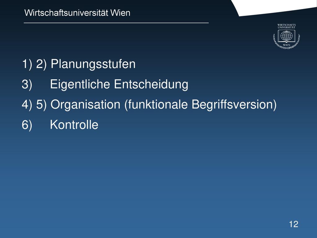 1) 2) Planungsstufen 3) Eigentliche Entscheidung. 4) 5) Organisation (funktionale Begriffsversion)