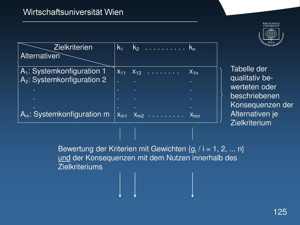 Tabelle der qualitativ be-werteten oder beschriebenen Konsequenzen der Alternativen je Zielkriterium