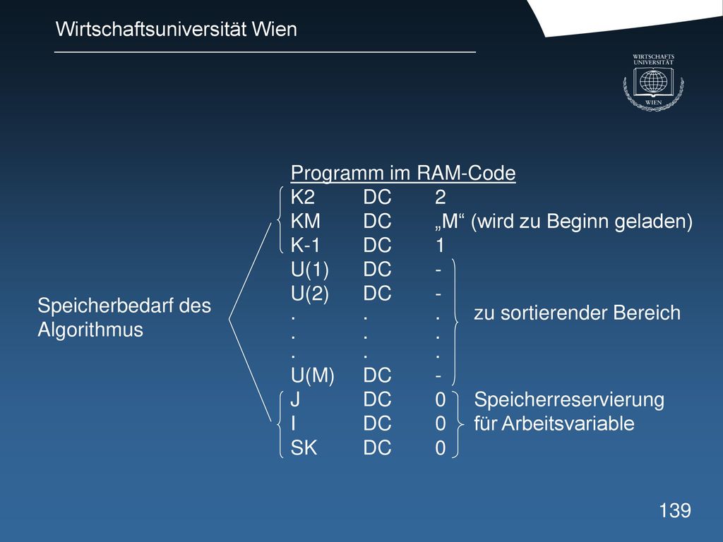 Programm im RAM-Code K2 DC 2. KM DC „M (wird zu Beginn geladen) K-1 DC 1. U(1) DC - U(2) DC zu sortierender Bereich.