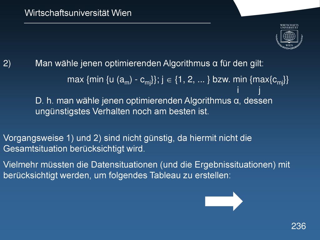 2) Man wähle jenen optimierenden Algorithmus α für den gilt: