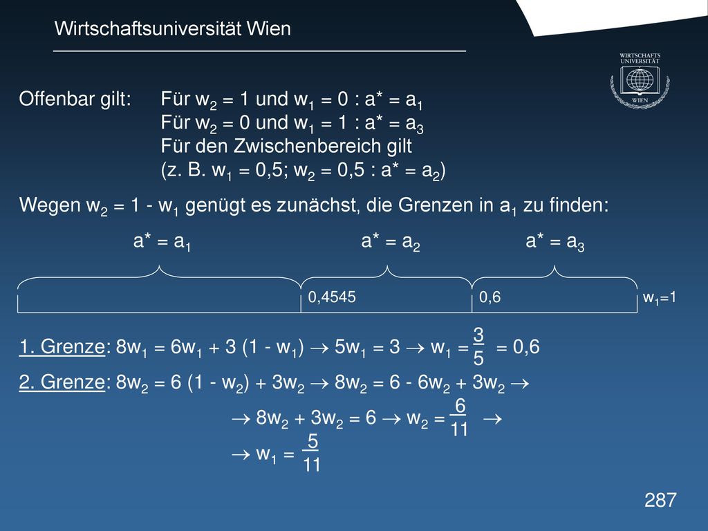 Offenbar gilt: Für w2 = 1 und w1 = 0 : a* = a1