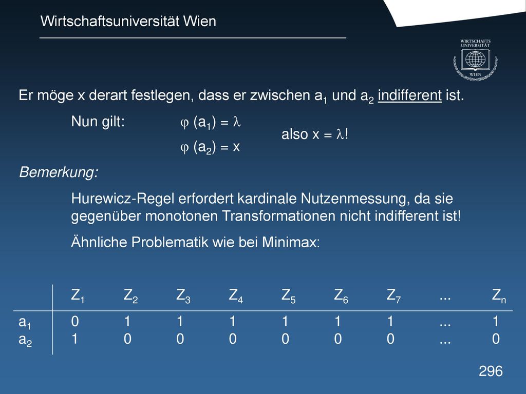 Er möge x derart festlegen, dass er zwischen a1 und a2 indifferent ist.