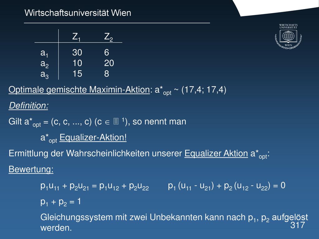 Z1 Z2 a a a Optimale gemischte Maximin-Aktion: a*opt ~ (17,4; 17,4) Definition: