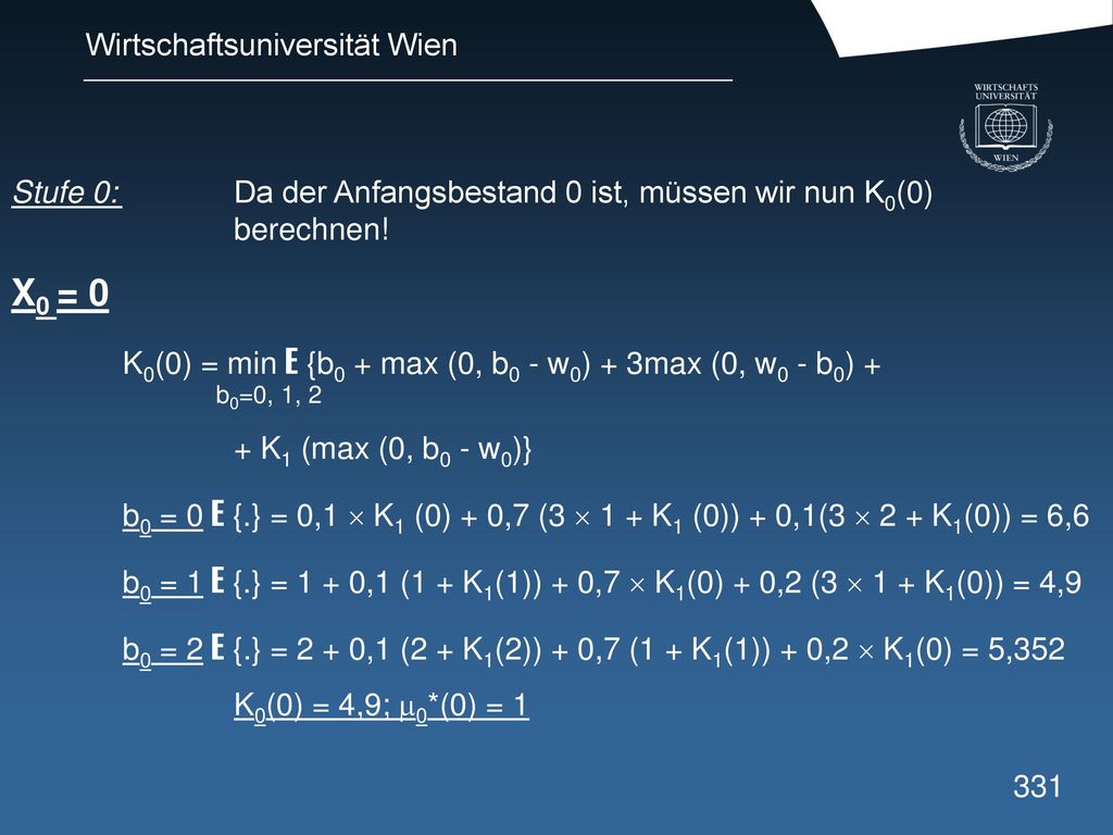 Stufe 0: Da der Anfangsbestand 0 ist, müssen wir nun K0(0) berechnen!