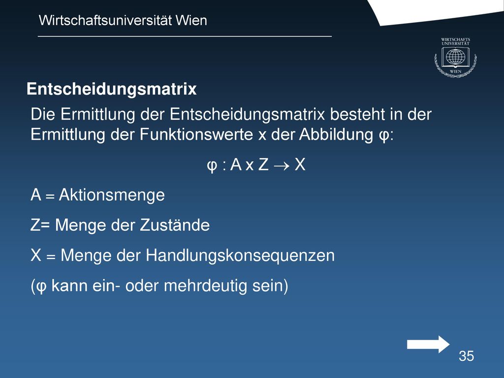 Entscheidungsmatrix Die Ermittlung der Entscheidungsmatrix besteht in der Ermittlung der Funktionswerte x der Abbildung φ: