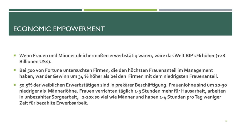Economic Empowerment Wenn Frauen und Männer gleichermaßen erwerbstätig wären, wäre das Welt BIP 2% höher (+28 Billionen US$).