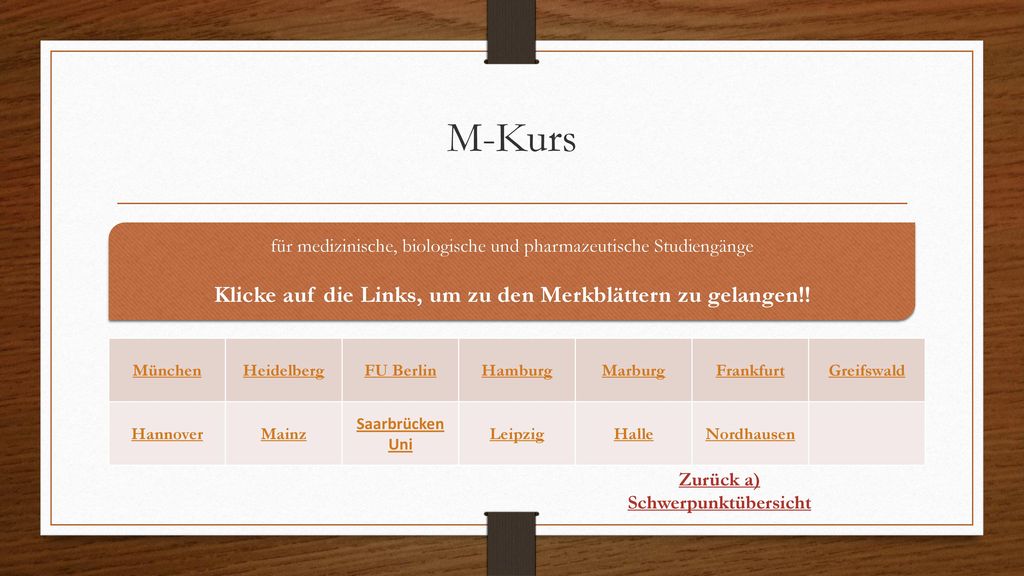 M-Kurs Klicke auf die Links, um zu den Merkblättern zu gelangen!!