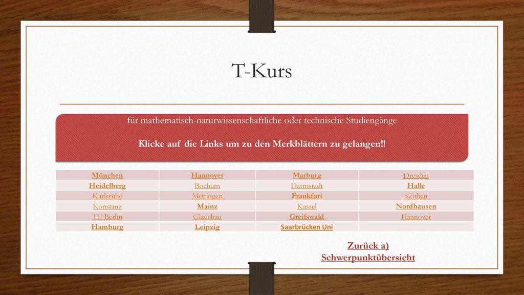T-Kurs für mathematisch-naturwissenschaftliche oder technische Studiengänge. Klicke auf die Links um zu den Merkblättern zu gelangen!!