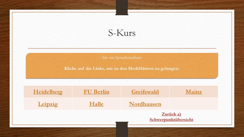 S-Kurs Heidelberg FU Berlin Greifswald Mainz Leipzig Halle Nordhausen