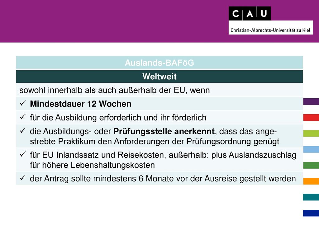 Auslands-BAFöG Weltweit. sowohl innerhalb als auch außerhalb der EU, wenn. Mindestdauer 12 Wochen.