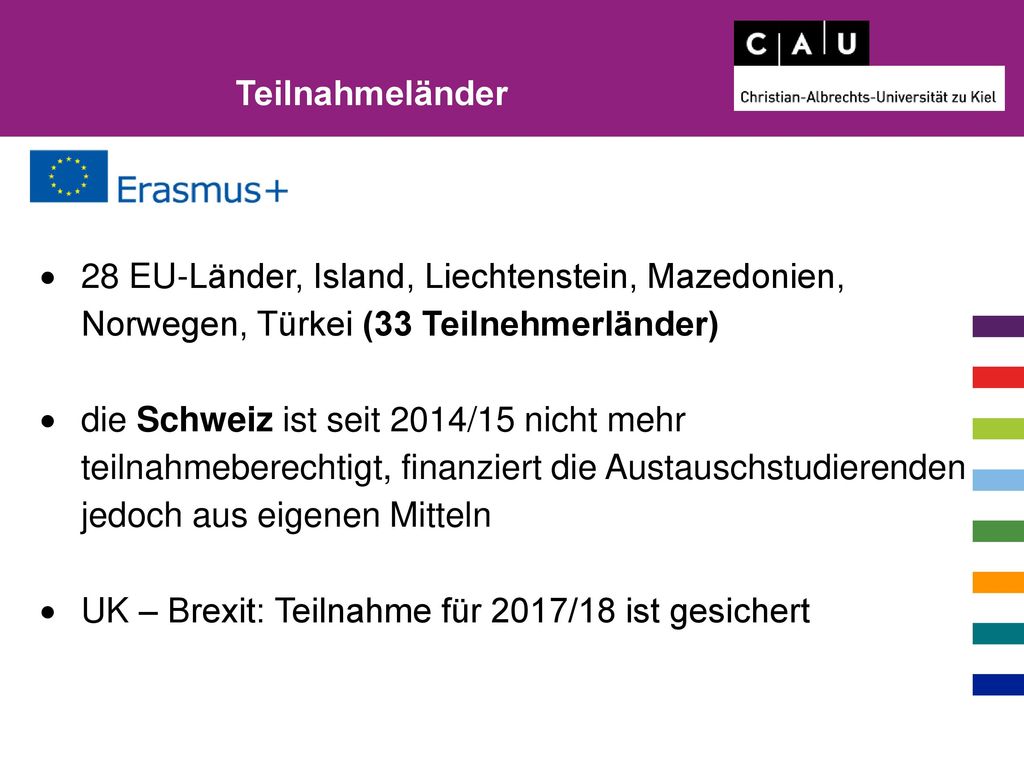 Teilnahmeländer 28 EU-Länder, Island, Liechtenstein, Mazedonien, Norwegen, Türkei (33 Teilnehmerländer)