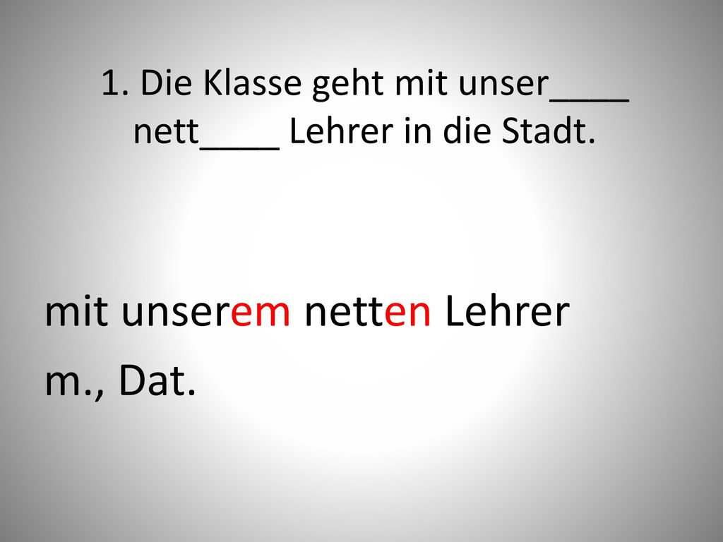 1. Die Klasse geht mit unser____ nett____ Lehrer in die Stadt.