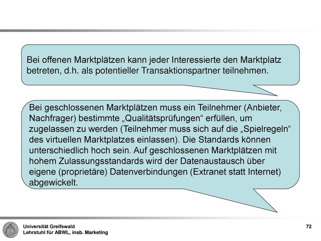 Bei offenen Marktplätzen kann jeder Interessierte den Marktplatz betreten, d.h. als potentieller Transaktionspartner teilnehmen.