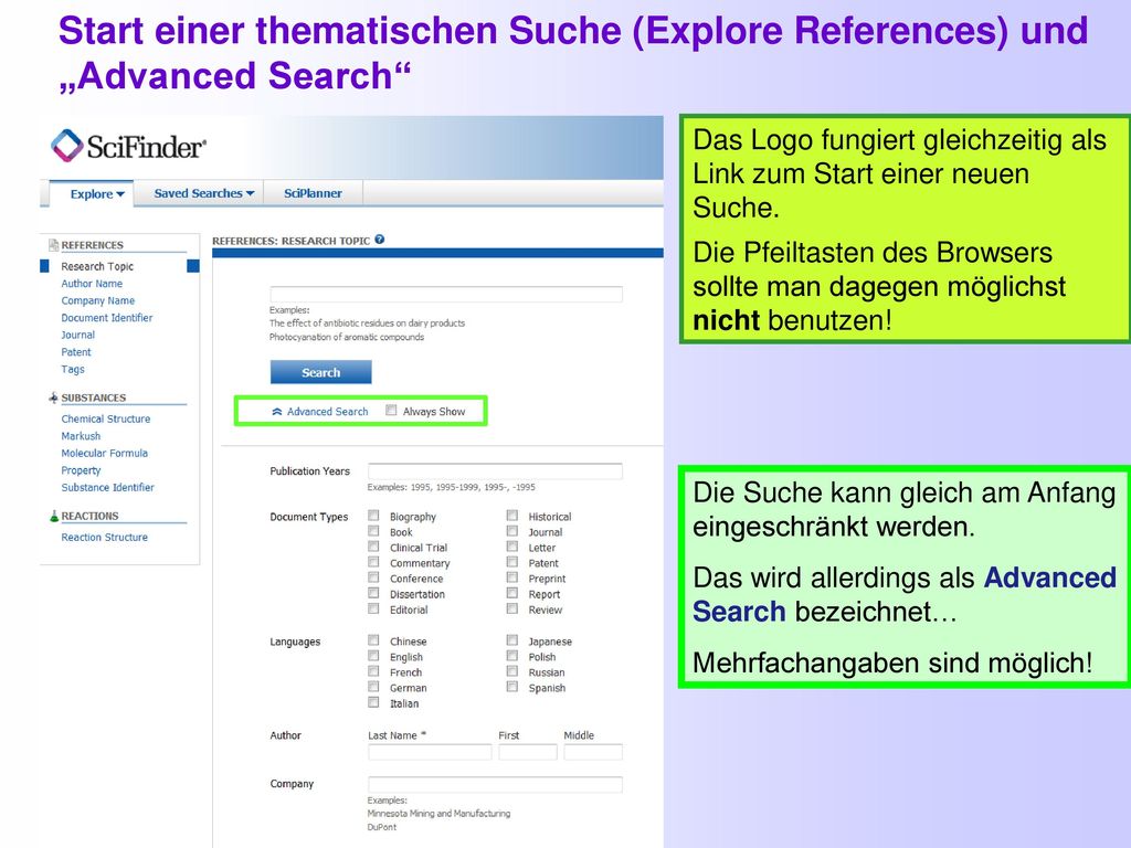 Start einer thematischen Suche (Explore References) und „Advanced Search