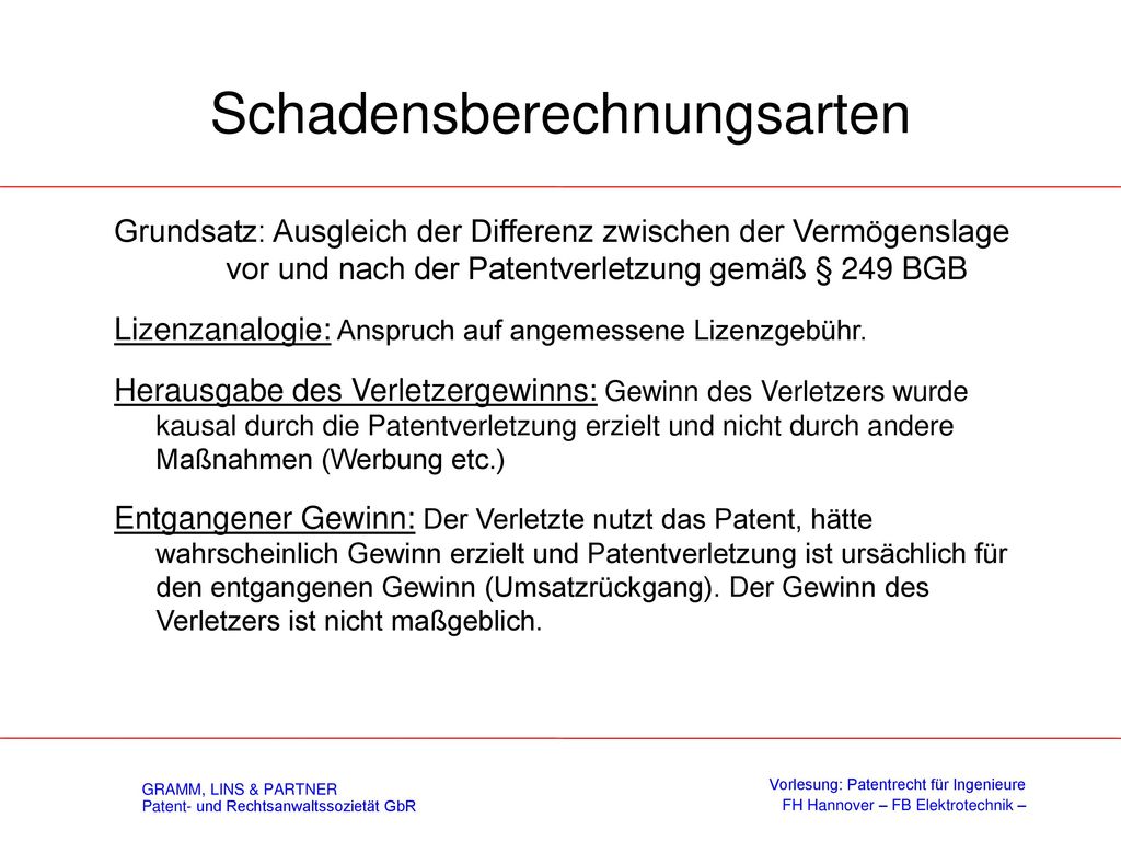 Verschulden Vorsatz: Wissen und Wollen des rechtswidrigen Erfolges, d.h. der bewußte Eingriff in das fremde Patentrecht.