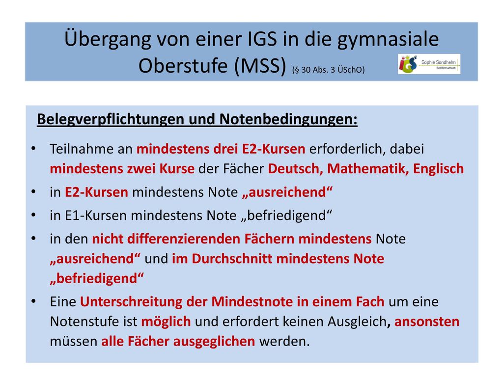 Übergang von einer IGS in die gymnasiale Oberstufe (MSS) (§ 30 Abs