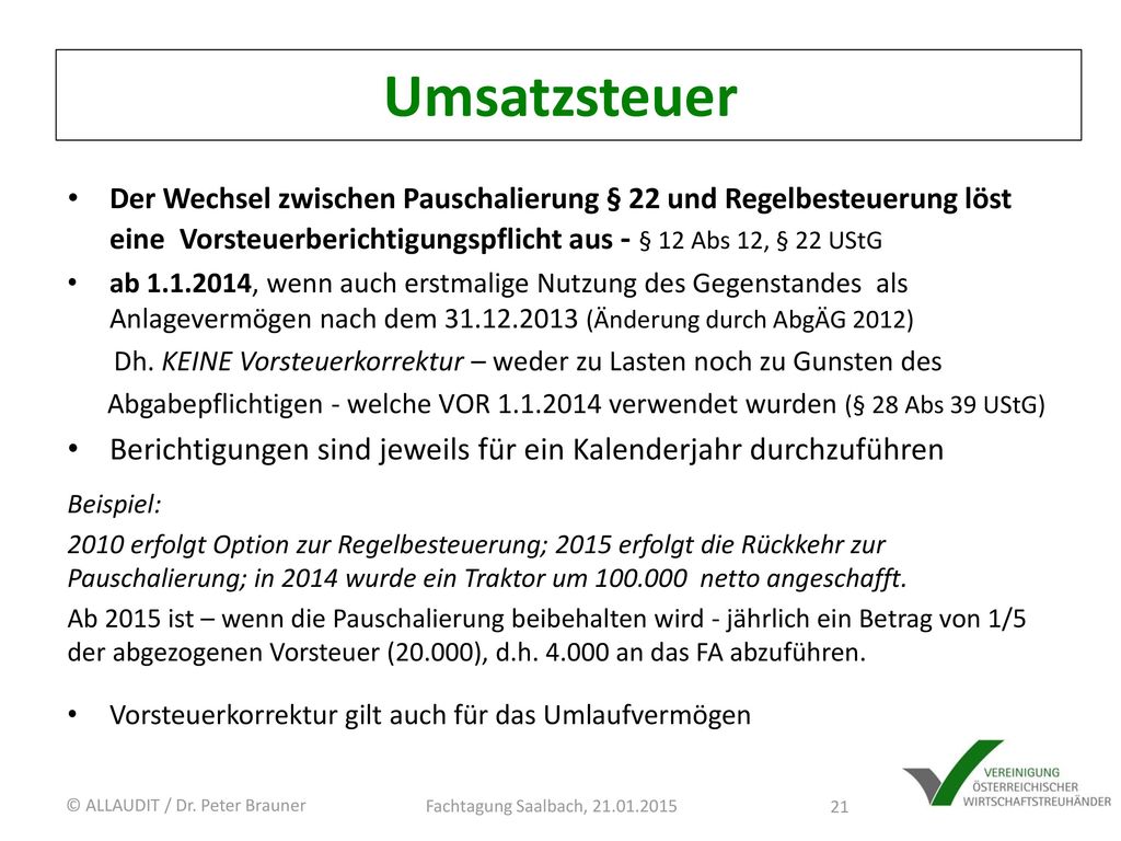 Umsatzsteuer Der Wechsel zwischen Pauschalierung § 22 und Regelbesteuerung löst eine Vorsteuerberichtigungspflicht aus - § 12 Abs 12, § 22 UStG.