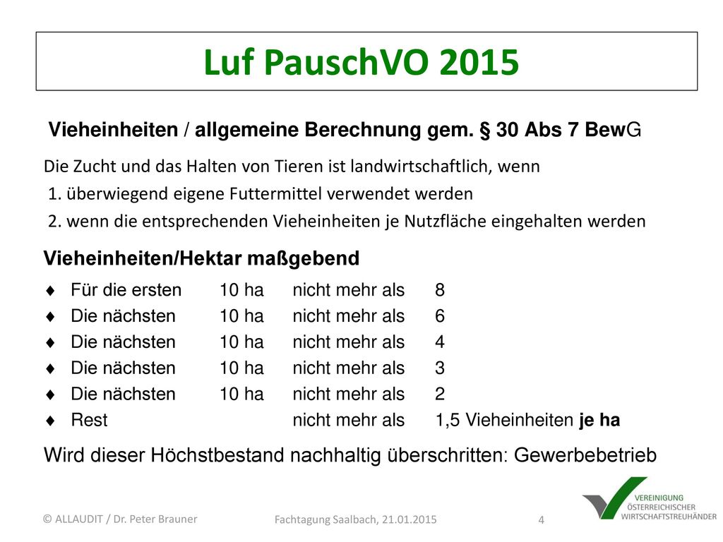 Luf PauschVO 2015 Vieheinheiten / allgemeine Berechnung gem. § 30 Abs 7 BewG. Die Zucht und das Halten von Tieren ist landwirtschaftlich, wenn.
