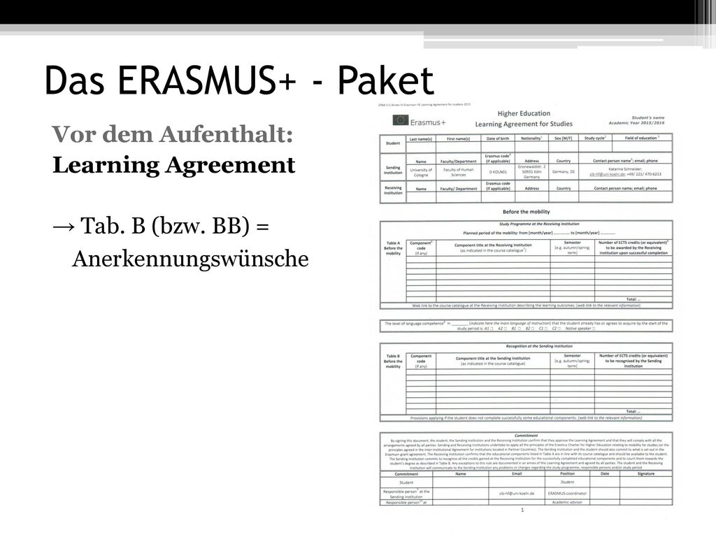 Das ERASMUS+ - Paket Vor dem Aufenthalt: Learning Agreement → Tab.