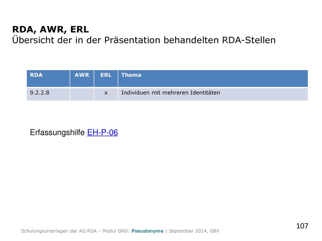RDA, AWR, ERL Übersicht der in der Präsentation behandelten RDA-Stellen