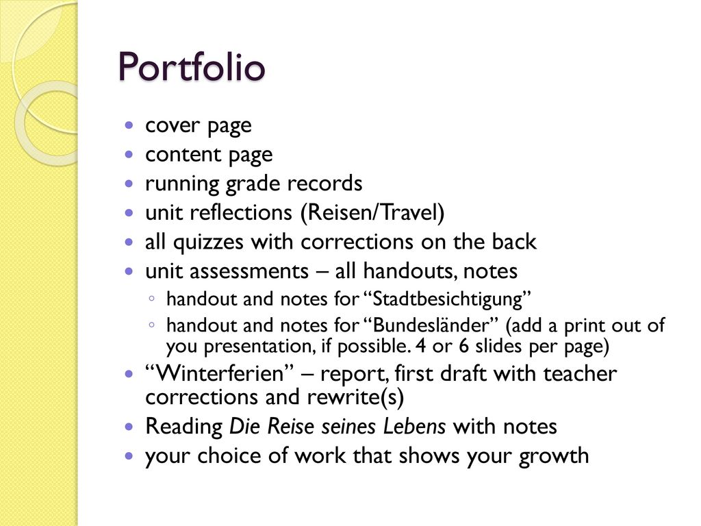 Portfolio cover page content page running grade records