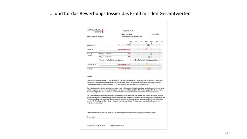 ... und für das Bewerbungsdossier das Profil mit den Gesamtwerten