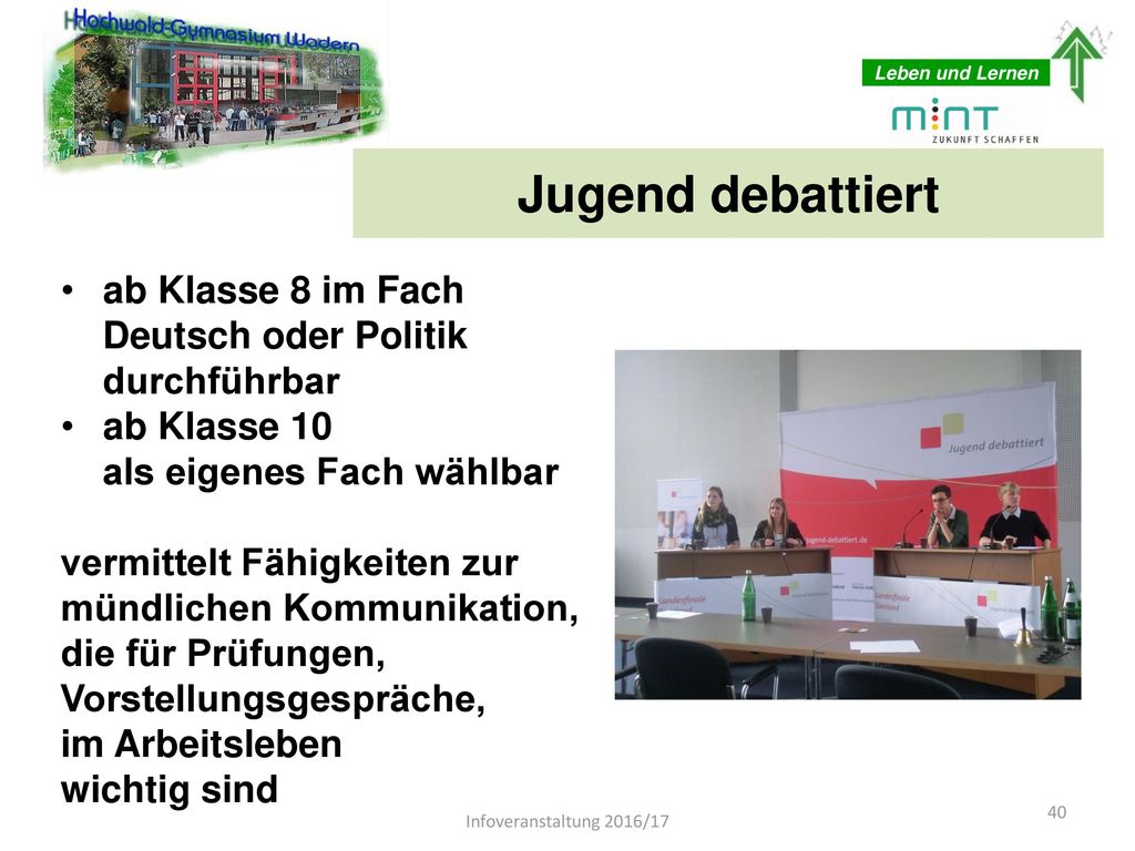 Jugend debattiert ab Klasse 8 im Fach Deutsch oder Politik