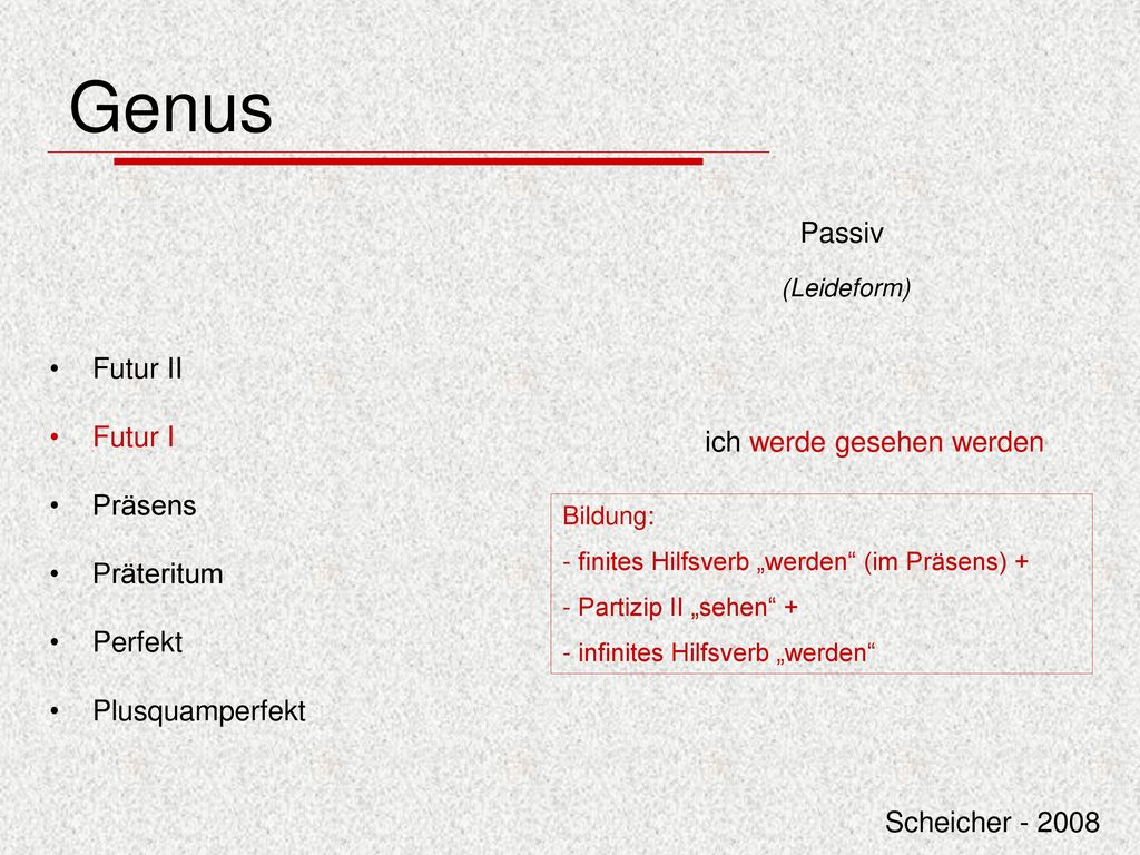 Genus Passiv Futur II Futur I Präsens ich werde gesehen werden