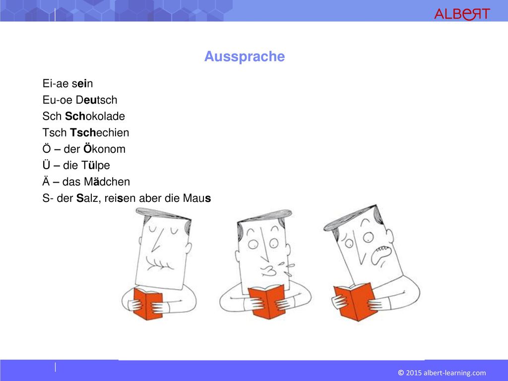 Aussprache Ei-ae sein Eu-oe Deutsch Sch Schokolade Tsch Tschechien Ö – der Ökonom Ü – die Tülpe Ä – das Mädchen S- der Salz, reisen aber die Maus