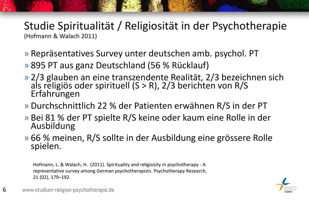 Studie Spiritualität / Religiosität in der Psychotherapie (Hofmann & Walach 2011)