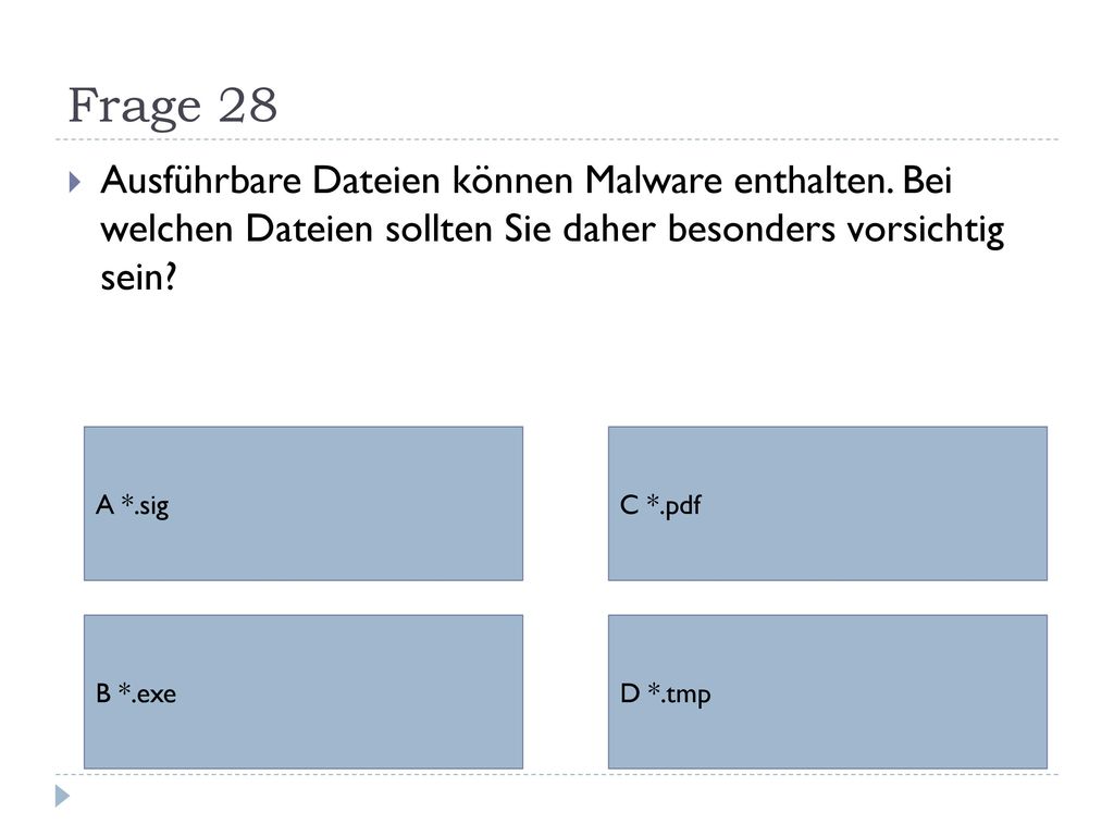 Frage 28 Ausführbare Dateien können Malware enthalten. Bei welchen Dateien sollten Sie daher besonders vorsichtig sein